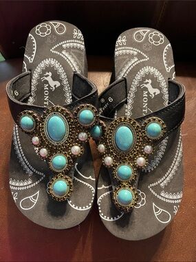 Montana West Black Sandals with Turquoise and Pearl Accents